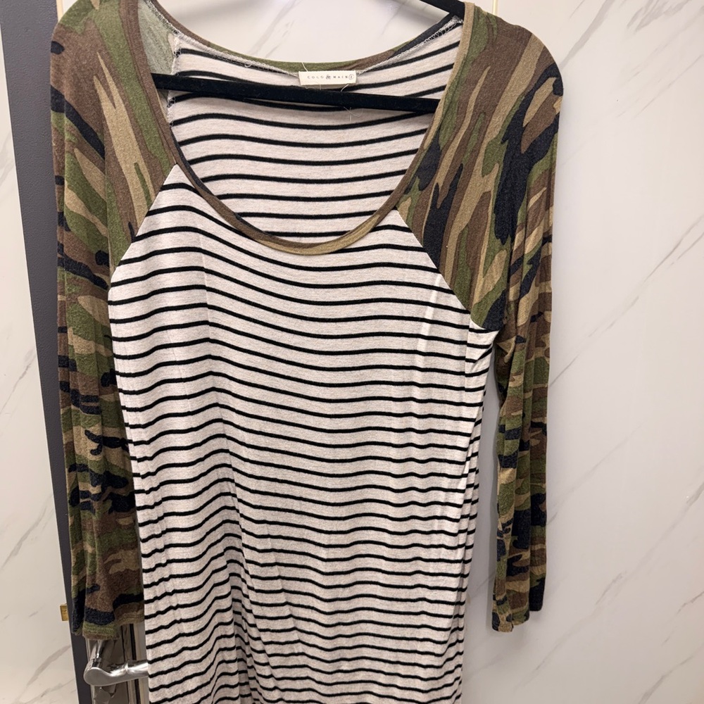 Camouflage Sleeve Striped Women's Top
